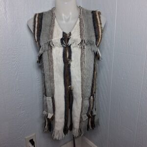 Vintage Boho Fringe Vest Sweater Aztec Western Rustic Festival Earthy Tones Boxy